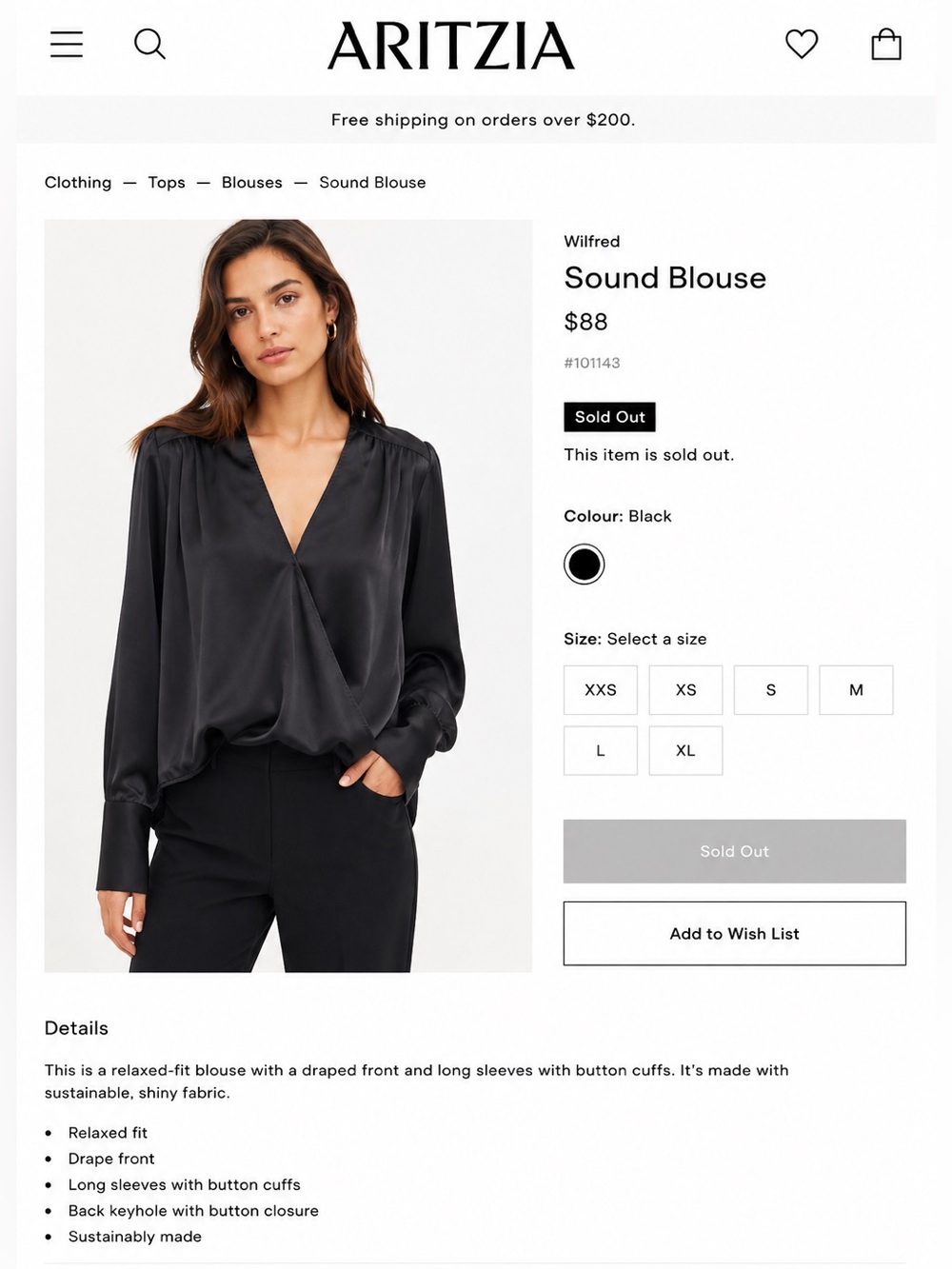 Aritzia Wilfred Black Satin Draped V-Neck Sound Blouse